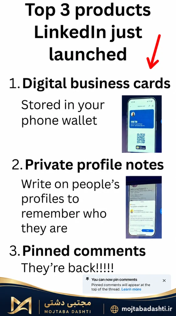 Three LinkedIn updates: digital business cards, private profile notes and pinned comments — user-approved branded cover
